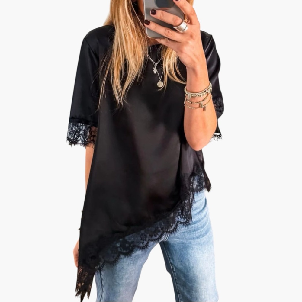 ONE LEFT! 5238. Elegant Black Lace Trim Women's Top